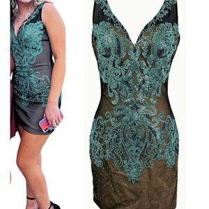 Glamorous Black Blue Embellished Bodycon Mini Dress Vienna Prom Size 2